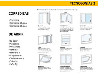 TECNOLOGÍAS 2
CORREDIZAS
•Corrediza
•Corrediza 3 hojas
•Corrediza 4 hojas
DE ABRIR
•De abrir
•Plegadiza
•Pivotantes
•Ventiluz
•Banderola
•Proyectante
•Oscilobatiente
•Celosías
•Paño fijo
 