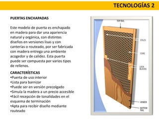 TECNOLOGÍAS 2
PUERTAS ENCHAPADAS
Este modelo de puerta es enchapado
en madera para dar una apariencia
natural y orgánica, con distintos
diseños en versiones lisas y con
canterías o routeado, por ser fabricada
con madera entrega una ambiente
acogedor y de calidez. Esta puerta
puede ser compuesta por varios tipos
de rellenos.
CARACTERÍSTICAS
•Puerta de uso interior
•Lista para barnizar
•Puede ser en versión precolgado
•Simula la madera a un precio accesible
•Fácil recepción de tonalidades en el
esquema de terminación
•Apta para recibir diseño mediante
routeado
 