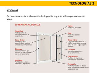 TECNOLOGÍAS 2
VENTANAS
Se denomina ventana al conjunto de dispositivos que se utilizan para cerrar ese
vano.
 