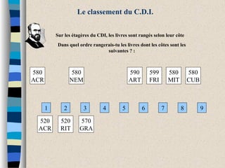 Le classement du C.D.I. 
Sur les étagères du CDI, les livres sont rangés selon leur côte 
Dans quel ordre rangerais-tu les livres dont les côtes sont les 
suivantes ? : 
580 
ACR 
520 
ACR 
580 
NEM 
520 
RIT 
570 
GRA 
590 
ART 
599 
FRI 
580 
CUB 
580 
MIT 
1 2 3 4 5 6 7 8 9 
 