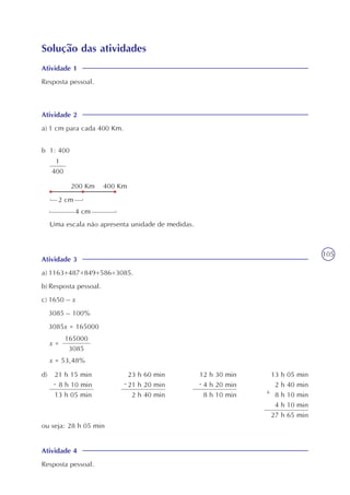 105
Solução das atividades
Atividade 1
Resposta pessoal.
Atividade 2
a) 1 cm para cada 400 Km.
b 1: 400
1
400
200 Km 400 Km
2 cm
4 cm
Uma escala não apresenta unidade de medidas.
Atividade 3
a) 1163+487+849+586=3085.
b) Resposta pessoal.
c) 1650 – x
3085 – 100%
3085x = 165000
165000
3085
x =
x = 53,48%
d) 21 h 15 min
8 h 10 min
13 h 05 min
--
23 h 60 min
21 h 20 min
2 h 40 min
12 h 30 min
4 h 20 min
8 h 10 min
13 h 05 min
2 h 40 min
8 h 10 min
4 h 10 min
27 h 65 min
Atividade 4
Resposta pessoal.
-
+
ou seja: 28 h 05 min
 