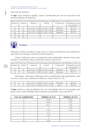 118
Matemática nas migrações e em fenômenos cotidianos
Construção do conhecimento matemático em ação
Sistemas de equações lineares com duas equações e duas incógnitas
Seção2
Dois tipos de tentativas:
1o
tipo: Fazer tentativas seguidas, apenas considerando que vão ser necessários mais
metros quadrados de melancias.
Parte para
melancias
25
22
20
19
18
Parte para
verduras
17
20
22
23
24
Rendimento das
melancias
25 x 0,25 = 6,25
22 x 0,25 = 5,50
20 x 0,25 = 5,00
Rendimento das
verduras
17 x 0,45 = 7,65
20 x 0,45 = 9,00
22 x 0,45 = 9,90
Rendimentos iguais
ou diferentes?
Diferentes
Diferentes
Diferentes
Diferença entre os
rendimentos (maior
das verduras)
R$ 1,40
R$ 3,50
R$ 4,90
Atividade 1
Preencha as linhas que faltam. O que ocorre na coluna das diferenças dos rendimentos?
Que idéia você tem para continuar fazendo tentativas?
Como as diferenças entre os rendimentos estão aumentando, devemos fazer outras
tentativas. Na primeira coluna, tomaremos valores acima de 25.
Parte para
melancias
28
30
Parte para
verduras
14
12
Rendimento das
melancias
28 x 0,25 = 7,00
30 x 0,25 = 7,50
Rendimento das
verduras
14 x 0,45 = 6,30
12 x 0,45 = 5,40
Rendimentos iguais
ou diferentes?
Diferentes
Diferentes
Diferença entre os
rendimentos (maior
das verduras)
R$ 0,70
R$ 2,10
Novamente, vemos que as diferenças entre os rendimentos estão aumentando, o que
nos leva a tentar, para o plantio de melancias, valores entre 25 e 28.
26
27
16
15
26 x 0,25 = 6,50
27 x 0,25 = 6,75
16 x 0,45 = 7,20
15 x 0,45 = 6,75
Diferentes
Iguais!
R$ 0,70
R$ 0,00
2o
tipo: Verificar o valor de múltiplos de 0,25 e de múltiplos de 0,45. Ver quando serão
iguais; pensar outros múltiplos que resultarão em igualdade e cuja soma dê 42.
Fator de multiplicidade
1
2
3
4
5
6
7
8
9
Múltiplos de 0,25
0,25
0,50
0,75
1
1,25
1,5
1,75
2
2,25
Múltiplos de 0,45
0,45
0,9
1,35
1,8
2,25
 