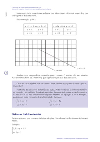 130
Matemática nas migrações e em fenômenos cotidianos
Construção do conhecimento matemático em ação
Sistemas de equações lineares com duas equações e duas incógnitas
Seção2
Nesse caso, tudo o que temos a dizer é que não existem valores de x nem de y que
satisfaçam às duas equações.
Representação gráfica:
x + 2y = 6 ou y = 3 - x/2
x = 2 y = 2
x = 6 y = 0
- x -2y = 0 ou y = - x/2
x = -2 y = 1
x = 0 y = 0
As duas retas são paralelas e não têm ponto comum. O sistema não tem solução.
Não existem valores de x nem de y que sejam soluções das duas equações.
Caracterização algébrica de um sistema linear de duas equações e duas incógnitas:
impossível!
Nenhuma das equações é múltipla da outra. Pode ocorrer de o primeiro membro
da equação 1 ser múltiplo do primeiro membro da equação 2; mas o segundo membro
da equação 1 ou não é múltiplo do segundo membro da equação 2, ou é múltiplo,
porém com outra constante de multiplicidade. Exemplo:
4x + 6y = 7 4x + 6y = 12
2x + 3y = 4 2x + 3y = 4
Sistemas Indeterminados
Existem sistemas que possuem infinitas soluções. São chamados de sistemas indetermi-
nados.
Exemplo:
0,5 x - y = 1,5
x - 2y = 3
x
x
 