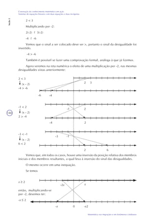 140
Matemática nas migrações e em fenômenos cotidianos
Construção do conhecimento matemático em ação
Sistemas de equações lineares com duas equações e duas incógnitas
Seção2
2 < 3
Multiplicando por -2:
2(-2) ? 3(-2)
-4 ? -6
Vemos que o sinal a ser colocado deve ser >, portanto o sinal da desigualdade foi
invertido.
-4 > -6
Também é possível se fazer uma comprovação formal, análoga à que já fizemos.
Agora veremos na reta numérica o efeito de uma multiplicação por -2, nas mesmas
desigualdades vistas anteriormente:
Vemos que, em todos os casos, houve uma inversão da posição relativa dos membros
iniciais e dos membros resultantes, a qual leva à inversão do sinal das desigualdades.
O mesmo ocorre em uma inequação.
Se temos
2 3
-1 2
2 6
2-4
-3 -1
2 < 3
(x - 2)
-4 > -6
-1 < 2
(x - 2)
2 > -4
-3 < -1
(x - 2)
6 < 2
-4-6
-2x
-x2
x 2
então, multiplicando-se
por -2, devemos ter:
-x 2
x
-x 0
 