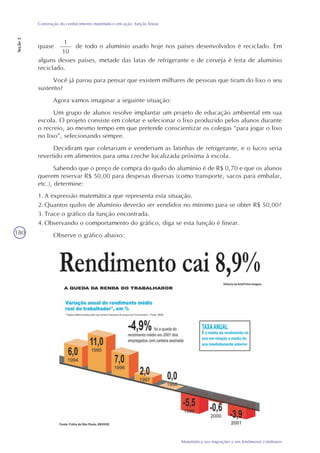 180
Matemática nas migrações e em fenômenos cotidianos
Construção do conhecimento matemático em ação: função linear
Seção2
quase de todo o alumínio usado hoje nos países desenvolvidos é reciclado. Em
1
10
alguns desses países, metade das latas de refrigerante e de cerveja é feita de alumínio
reciclado.
Você já parou para pensar que existem milhares de pessoas que tiram do lixo o seu
sustento?
Agora vamos imaginar a seguinte situação:
Um grupo de alunos resolve implantar um projeto de educação ambiental em sua
escola. O projeto consiste em coletar e selecionar o lixo produzido pelos alunos durante
o recreio, ao mesmo tempo em que pretende conscientizar os colegas “para jogar o lixo
no lixo”, selecionando sempre.
Decidiram que coletariam e venderiam as latinhas de refrigerante, e o lucro seria
revertido em alimentos para uma creche localizada próxima à escola.
Sabendo que o preço de compra do quilo do alumínio é de R$ 0,70 e que os alunos
querem reservar R$ 50,00 para despesas diversas (como transporte, sacos para embalar,
etc.), determine:
1.A expressão matemática que representa esta situação.
2.Quantos quilos de alumínio deverão ser vendidos no mínimo para se obter R$ 50,00?
3.Trace o gráfico da função encontrada.
4.Observando o comportamento do gráfico, diga se esta função é linear.
Observe o gráfico abaixo:
 