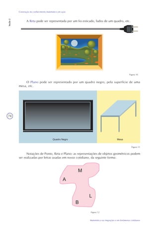 78
Matemática nas migrações e em fenômenos cotidianos
Construção do conhecimento matemático em ação
Seção2
A Reta pode ser representada por um fio esticado, lados de um quadro, etc.
Figura 10
O Plano pode ser representado por um quadro negro, pela superfície de uma
mesa, etc.
Figura 11
Notações de Ponto, Reta e Plano: as representações de objetos geométricos podem
ser realizadas por letras usadas em nosso cotidiano, da seguinte forma:
Figura 12
 