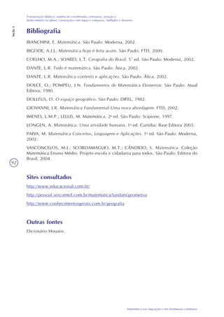 92
Matemática nas migrações e em fenômenos cotidianos
Transposição didática: sistema de coordenadas cartesianas, posição e
deslocamento no plano, construções com régua e compasso, múltiplos e divisores
Seção3
Bibliografia
BIANCHINI, E. Matemática. São Paulo: Moderna, 2002.
BIGODE, A.J.L. Matemática hoje é feita assim. São Paulo: FTD, 2000.
COELHO, M.A.; SOARES, L.T. Geografia do Brasil. 5ª ed. São Paulo: Moderna, 2002.
DANTE, L.R. Tudo é matemática. São Paulo: Ática, 2002.
DANTE, L.R. Matemática contexto e aplicações. São Paulo: Ática, 2002.
DOLCE, O.; POMPEU, J.N. Fundamentos de Matemática Elementar. São Paulo: Atual
Editora, 1980.
DOLLFUS, O. O espaço geográfico. São Paulo: DIFEL, 1982.
GIOVANNI, J.R. Matemática Fundamental-Uma nova abordagem. FTD, 2002.
IMENES, L.M.P.; LELLIS, M. Matemática. 2a
ed. São Paulo: Scipione, 1997.
LONGEN, A. Matemática: Uma atividade humana. 1a
ed. Curitiba: Base Editora 2003.
PAIVA, M. Matemática Conceitos, Linguagem e Aplicações. 1a
ed. São Paulo: Moderna,
2002.
VASCONCELOS, M.J.; SCORDAMAGLIO, M.T.; CÂNDIDO, S. Matemática. Coleção
Matemática Ensino Médio. Projeto escola e cidadania para todos. São Paulo: Editora do
Brasil, 2004.
Sites consultados
http://www.educacional.com.br/
http://pessoal.sercomtel.com.br/matematica/fundam/geometria
http://www.conhecimentosgerais.com.br/geografia
Outras fontes
Dicionário Houaiss.
 