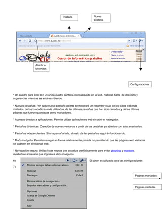 Pestaña                   Nueva
                                                                     pestaña




                   Añadir a
                   favortitos




                                                                                                     Configuraciones



* Un cuadro para todo: En un único cuadro contará con búsqueda en la web, historial, barra de dirección y
sugerencias mientras se está escribiendo.

* Nuevas pestañas: Por cada nueva pestaña abierta se mostrará un resumen visual de los sitios web más
visitados, de los buscadores más utilizados, de las últimas pestañas que han sido cerradas y de las últimas
páginas que fueron guardadas como marcadores.

* Accesos directos a aplicaciones: Permite utilizar aplicaciones web sin abrir el navegador.

* Pestañas dinámicas: Creación de nuevas ventanas a partir de las pestañas ya abiertas con sólo arrastrarlas.

* Pestañas independientes: Si una pestaña falla, el resto de las pestañas seguirán funcionando.

* Modo incógnito: Permite navegar en forma relativamente privada no permitiendo que las páginas web visitadas
se guarden en el historial web.

* Navegación segura: Utiliza listas negras que actualiza periódicamente para evitar phishing y malware,
avisándole al usuario que ingresa a sitios inseguros.

6)                                                                El botón es utilizado para las configuraciones

7)


                                                                                                          Paginas marcadas



                                                                                                          Paginas visitadas
 