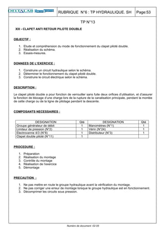 RUBRIQUE N°6 : TP HYDRAULIQUE. SH                         Page:53

                                                   TP N°13
 XIII - CLAPET ANTI RETOUR PILOTE DOUBLE


OBJECTIF :

   1. Etude et compréhension du mode de fonctionnement du clapet piloté double.
   2. Réalisation du schéma.
   3. Essais-mesures.


DONNEES DE L’EXERCICE :

   1. Construire un circuit hydraulique selon le schéma.
   2. Déterminer le fonctionnement du clapet piloté double.
   3. Construire le circuit électrique selon le schéma.


DESCRIPTION :

Le clapet piloté double a pour fonction de verrouiller sans fuite deux orifices d’utilisation, et d’assurer
la fonction de blocage d’une charge lors de la rupture de la canalisation principale, pendant la montée
de cette charge ou de la ligne de pilotage pendant la descente.


COMPOSANTS NECESSAIRES :


                DESIGNATION                       Qté                DESIGNATION                  Qté
  Groupe générateur de débit                       1      Manomètres (N°1)                         1
  Limiteur de pression (N°2)                       1      Vérin (N°24)                             1
  Electrovanne 4/3 (N°8)                           1      Distributeur (N°3)                       1
  Clapet double piloté (N°11)                      1


PROCEDURE :

   1.   Préparation
   2.   Réalisation du montage
   3.   Contrôle du montage
   4.   Réalisation de l’exercice
   5.   Démontage


PRECAUTION :

   1. Ne pas mettre en route le groupe hydraulique avant la vérification du montage.
   2. Ne pas corriger une erreur de montage lorsque le groupe hydraulique est en fonctionnement.
   3. Décomprimer les circuits sous pression.




                                         Numéro de document :02-05
 