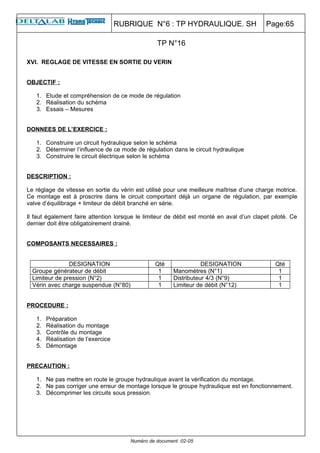 RUBRIQUE N°6 : TP HYDRAULIQUE. SH                      Page:65

                                                 TP N°16

XVI. REGLAGE DE VITESSE EN SORTIE DU VERIN


OBJECTIF :

   1. Etude et compréhension de ce mode de régulation
   2. Réalisation du schéma
   3. Essais – Mesures


DONNEES DE L’EXERCICE :

   1. Construire un circuit hydraulique selon le schéma
   2. Déterminer l’influence de ce mode de régulation dans le circuit hydraulique
   3. Construire le circuit électrique selon le schéma


DESCRIPTION :

Le réglage de vitesse en sortie du vérin est utilisé pour une meilleure maîtrise d’une charge motrice.
Ce montage est à proscrire dans le circuit comportant déjà un organe de régulation, par exemple
valve d’équilibrage + limiteur de débit branché en série.

Il faut également faire attention lorsque le limiteur de débit est monté en aval d’un clapet piloté. Ce
dernier doit être obligatoirement drainé.


COMPOSANTS NECESSAIRES :


                DESIGNATION                     Qté                DESIGNATION                Qté
  Groupe générateur de débit                     1      Manomètres (N°1)                       1
  Limiteur de pression (N°2)                     1      Distributeur 4/3 (N°9)                 1
  Vérin avec charge suspendue (N°80)             1      Limiteur de débit (N°12)               1


PROCEDURE :

   1.   Préparation
   2.   Réalisation du montage
   3.   Contrôle du montage
   4.   Réalisation de l’exercice
   5.   Démontage


PRECAUTION :

   1. Ne pas mettre en route le groupe hydraulique avant la vérification du montage.
   2. Ne pas corriger une erreur de montage lorsque le groupe hydraulique est en fonctionnement.
   3. Décomprimer les circuits sous pression.




                                       Numéro de document :02-05
 