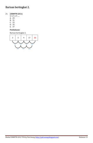 Bimbel SNMPTN 2012 TPA by Pak Anang (http://pak-anang.blogspot.com) Halaman 13
Barisan bertingkat 2.Barisan bertingkat 2.Barisan bertingkat 2.Barisan bertingkat 2.
21. (SNMPTN 2011)(SNMPTN 2011)(SNMPTN 2011)(SNMPTN 2011)
3, 5, 9, 17, ....
A. 29
B. 31
C. 33
D. 35
E. 37
Pembahasan:Pembahasan:Pembahasan:Pembahasan:
Barisan bertingkat 2.
3 5 9 17 33333333
+2 +4 +8 +16
× 2 × 2 × 2
 