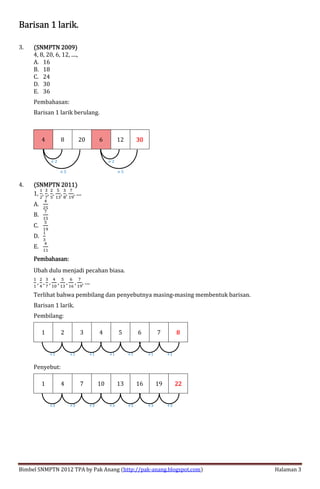 Bimbel SNMPTN 2012 TPA by Pak Anang (http://pak-anang.blogspot.com) Halaman 3
Barisan 1 larik.Barisan 1 larik.Barisan 1 larik.Barisan 1 larik.
3. (SNMPTN 2009)(SNMPTN 2009)(SNMPTN 2009)(SNMPTN 2009)
4, 8, 20, 6, 12, ....,
A. 16
B. 18
C. 24
D. 30
E. 36
Pembahasan:
Barisan 1 larik berulang.
4 8 20 6 12 30303030
4. (SNMPTN 2011)(SNMPTN 2011)(SNMPTN 2011)(SNMPTN 2011)
1,
>
?
,
@
A
,
?
B
,
B
>@
,
@
C
,
A
>D
, ....
A.
E
?B
B.
A
>B
C.
B
>D
D.
>
@
E.
E
>>
Pembahasan:Pembahasan:Pembahasan:Pembahasan:
Ubah dulu menjadi pecahan biasa.
>
>
,
?
E
,
@
A
,
E
>F
,
B
>@
,
G
>G
,
A
>D
, ....
Terlihat bahwa pembilang dan penyebutnya masing-masing membentuk barisan.
Barisan 1 larik.
Pembilang:
1 2 3 4 5 6 7 8888
Penyebut:
1 4 7 10 13 16 19 22222222
× 2 × 2
× 5 × 5
+1+1 +1+1 +1+1 +1
+3+3 +3+3 +3+3 +3
 