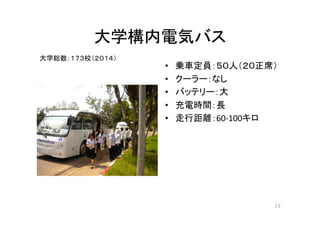 大学構内電気バス 
• 乗車定員：５０人（２０正席） 
• クーラー：なし 
• バッテリー：大 
• 充電時間：長 
• 走行距離：60-­‐100キロ 
15! 
大学総数：１７３校（２０１４） 
 