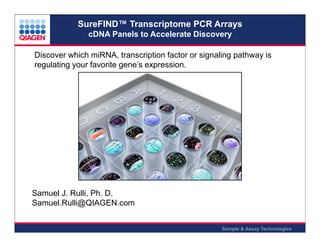 SureFIND™ Transcriptome PCR Arrays
cDNA Panels to Accelerate Discovery
Discover which miRNA, transcription factor or signaling pathway is
regulating your favorite gene’s expression.

Samuel J. Rulli, Ph. D.
Samuel.Rulli@QIAGEN.com
Sample & Assay Technologies

 
