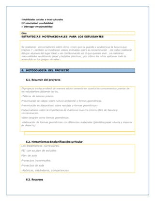 X Habilidades sociales e inter-culturales
Productividad y confiabilidad
X Liderazgo y responsabilidad
Otra:
ESTRATEGIAS MOTIVACIONALES PARA LOS ESTUDIANTES
Se realizaran conversatorios sobre cómo creen que se guarda o se destruye la basura que
tiramos ? , también se mostraran videos animados sobre la contaminación , los niños realizaran
dibujos alusivos del lugar ideal y sin contaminación en el que quieren vivir , se realizaran
manualidades reutilizando papel y botellas plásticas , por ultimo los niños aplicaran todo lo
aprendido en los juegos virtuales .
6. METODOLOGÍA DEL PROYECTO
6.1. Resumen del proyecto
El proyecto se desarrollará de manera activa teniendo en cuenta los conocimientos previos de
los estudiantes utilizando las tic.
-Talleres de saberes previos.
Presentación de videos sobre cultura ambiental y formas geométricas.
Presentación en diapositivas sobre reciclaje y formas geométricas-
Conversatorios sobre la importancia de mantener nuestro entorno libre de basura y
contaminación.
Video tangram como formas geométricas.
-elaboración de formas geométricas con diferentes materiales (plastilina,papel silueta y material
de desecho)
6.2. Herramientas de planificación curricular
Los lineamientos curriculares.
PEI con su plan de estudios
Plan de aula
Proyectos trasversales.
Proyectos de aula
-Rubricas, estándares, competencias
6.3. Recursos
 