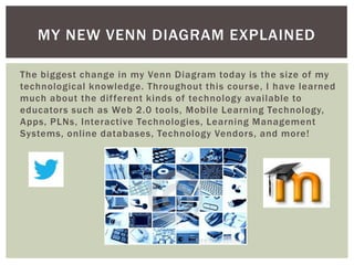MY NEW VENN DIAGRAM EXPLAINED
The biggest change in my Venn Diagram today is the size of my
technological knowledge. Throughout this course, I have learned
much about the dif ferent kinds of technology available to
educators such as Web 2.0 tools, Mobile Learning Technology,
Apps, PLNs, Interactive Technologies, Learning Management
Systems, online databases, Technology Vendors, and more!

 