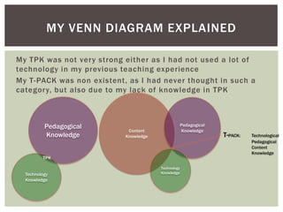 MY VENN DIAGRAM EXPLAINED
My TPK was not very strong either as I had not used a lot of
technology in my previous teaching experience
My T-PACK was non existent, as I had never thought in such a
category, but also due to my lack of knowledge in TPK

Pedagogical
Knowledge

Pedagogical
Knowledge

Content
Knowledge

TPK
Technology
Knowledge

Technology
Knowledge

T-PACK:

Technological
Pedagogical
Content
Knowledge

 