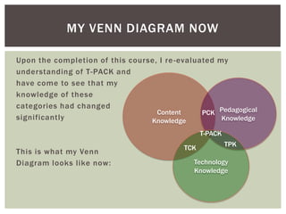MY VENN DIAGRAM NOW
Upon the completion of this course, I re -evaluated my
understanding of T-PACK and
have come to see that my
knowledge of these
categories had changed
Content
PCK Pedagogical
significantly
Knowledge
Knowledge
T-PACK

This is what my Venn
Diagram looks like now:

TCK

TPK

Technology
Knowledge

 