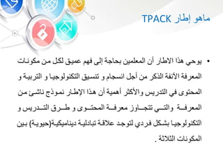 •‫يوح‬‫هذا‬‫ر‬ ‫االط‬‫أ‬‫المعلمي‬‫جة‬ ‫ح‬‫إلى‬‫فه‬‫عميب‬‫لكب‬‫مب‬‫ت‬ ‫مكونب‬
‫المعرفة‬‫اآلنفة‬‫الذكر‬‫م‬‫أج‬‫انسج‬‫و‬‫تنسبي‬‫التكنولوجيب‬‫و‬‫يبة‬ ‫التر‬‫و‬
‫المحتو‬‫ف‬‫التدري‬‫واألكور‬‫أهمية‬‫أ‬‫هبذا‬‫ر‬ ‫اإلطب‬‫نمبوذ‬‫شب‬ ‫ن‬‫مب‬
‫المعرفببببة‬‫والتبببب‬‫و‬ ‫تتجبببب‬‫معرفببببة‬‫المحتببببو‬‫و‬‫طببببرق‬‫التببببدري‬‫و‬
‫ب‬‫ب‬‫التكنولوجي‬‫بك‬‫ب‬‫ش‬‫برد‬‫ب‬‫ف‬‫بد‬‫ب‬‫لتوج‬‫بة‬‫ب‬‫عالق‬‫بة‬‫ب‬‫دلي‬ ‫ت‬‫بة‬‫ب‬‫ميكي‬ ‫دين‬(‫بة‬‫ب‬‫حيوي‬)‫بي‬‫ب‬
‫ت‬ ‫المكون‬‫الوالوة‬.
‫هو‬ ‫م‬‫ر‬ ‫إط‬TPACK
 