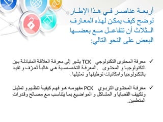 ‫معرفة‬‫المحتو‬‫التكنولوج‬TCK‫يشير‬‫إلى‬‫معرفبة‬‫العالقبة‬‫دلبة‬ ‫المت‬‫ب‬‫ي‬
‫ب‬‫ب‬‫التكنولوجي‬‫و‬‫بو‬‫ب‬‫المحت‬.‫بة‬‫ب‬‫المعرف‬‫بية‬‫ب‬‫التخصص‬‫ب‬‫ب‬‫ه‬‫ب‬‫ب‬ ‫ل‬ ‫غ‬‫بر‬‫ب‬‫ع‬ُ‫ت‬‫و‬‫ت‬‫بد‬‫ب‬‫قي‬
‫لتكنولوجي‬‫ت‬ ‫ني‬ ‫وامك‬‫توظيفه‬‫و‬‫تمويله‬.
‫بة‬‫ب‬‫معرف‬‫بو‬‫ب‬‫المحت‬‫بو‬‫ب‬ ‫التر‬PCK‫به‬‫ب‬‫مفهوم‬‫بو‬‫ب‬‫ه‬‫ب‬‫ب‬‫فه‬‫بة‬‫ب‬‫كيفي‬‫بي‬‫ب‬‫تنظ‬‫و‬‫ب‬‫ب‬‫تموي‬
‫وتكيي‬‫ي‬ ‫القض‬‫و‬‫ك‬ ‫المشب‬‫و‬‫المواضبيع‬‫مب‬‫سبب‬ ‫يتن‬‫مبع‬‫ل‬ ‫مصب‬‫وقبدرات‬
‫المتعلمي‬.
‫ببة‬‫ب‬‫ع‬ ‫أر‬‫ببر‬‫ب‬‫ص‬ ‫عن‬‫بب‬‫ب‬‫ف‬‫ببذا‬‫ب‬‫ه‬‫ر‬ ‫بب‬‫ب‬‫اإلط‬
‫توض‬‫كي‬‫يمكب‬‫لهبذه‬‫ر‬ ‫المعب‬
‫بببوالث‬‫ب‬‫ال‬‫أ‬‫ببب‬‫ب‬‫ع‬ ‫تتف‬‫بببع‬‫ب‬‫م‬‫بببه‬‫ب‬‫عض‬
‫عض‬ ‫ال‬‫على‬‫النحو‬‫ل‬ ‫الت‬:
 