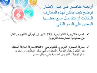 ‫المعرفة‬‫وية‬ ‫التر‬‫التكنولوجية‬TPK‫ت‬‫شير‬‫إلى‬‫فه‬‫أ‬‫التكنولوجي‬‫تق‬‫ل‬
‫م‬‫محدودية‬‫ت‬ ‫رس‬ ‫المم‬‫وية‬ ‫التر‬.
‫معرفة‬‫المحتو‬‫و‬ ‫التر‬‫التكنولوج‬TPACK‫معرفة‬‫العالقة‬‫المعقد‬
‫ي‬‫التكنولوجي‬‫ية‬ ‫والتر‬‫والمحتو‬‫الت‬‫تمك‬‫المعلمي‬‫م‬‫تطوير‬
‫ت‬ ‫استراتيجي‬‫التدري‬‫ة‬ ‫س‬ ‫المن‬‫وف‬‫ق‬ ‫سي‬‫محدد‬.
‫ببة‬‫ب‬‫ع‬ ‫أر‬‫ببر‬‫ب‬‫ص‬ ‫عن‬‫بب‬‫ب‬‫ف‬‫ببذا‬‫ب‬‫ه‬‫ر‬ ‫بب‬‫ب‬‫اإلط‬
‫توض‬‫كي‬‫يمكب‬‫لهبذه‬‫ر‬ ‫المعب‬
‫بببوالث‬‫ب‬‫ال‬‫أ‬‫ببب‬‫ب‬‫ع‬ ‫تتف‬‫بببع‬‫ب‬‫م‬‫بببه‬‫ب‬‫عض‬
‫عض‬ ‫ال‬‫على‬‫النحو‬‫ل‬ ‫الت‬:
 