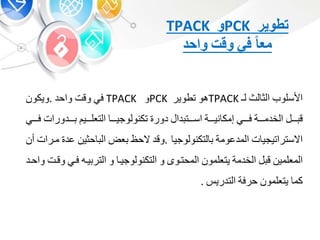 ‫تطوير‬PCK‫و‬TPACK
ً‫معا‬‫في‬‫وقت‬‫واحد‬
‫األسلوب‬‫لث‬ ‫الو‬‫لـ‬TPACK‫هو‬‫تطوير‬PCK‫و‬TPACK‫ف‬‫وقت‬‫واحد‬.‫ويكو‬
‫ببب‬‫ب‬ ‫ق‬‫بببة‬‫ب‬‫الخدم‬‫ببب‬‫ب‬‫ف‬‫بببة‬‫ب‬‫ني‬ ‫إمك‬‫دا‬ ‫بببت‬‫ب‬‫اس‬‫دور‬‫ببب‬‫ب‬‫تكنولوجي‬‫بببي‬‫ب‬‫التعل‬‫بببدورات‬‫ب‬‫ببب‬‫ب‬‫ف‬
‫ت‬ ‫االستراتيجي‬‫المدعومة‬‫لتكنولوجي‬.‫وقد‬‫الحظ‬‫عض‬‫حوي‬ ‫ال‬‫عد‬‫مبرات‬‫أ‬
‫المعلمي‬‫ق‬‫الخدمة‬‫يتعلمو‬‫المحتبو‬‫و‬‫التكنولوجيب‬‫و‬‫يبه‬ ‫التر‬‫فب‬‫وقبت‬‫واحبد‬
‫كم‬‫يتعلمو‬‫حرفة‬‫التدري‬.
 