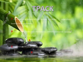 T = TECHNOLOGICAL KNOWLEDGE /TECHNOLOGICAL CONTENT KNOWLEDGE =
knowledge about using technology
P = PEDAGOGICAL KNOWLEDGE / PEDAGOGICAL CONTENT KNOWLEDGE = knowledge
about science , theory , and art of teach
And
C = CONTENT KNOWLEDGE = core subjects , skills , and strategies
K = KNOWLEDGE
 