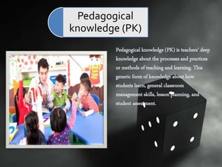 Pedagogical knowledge (PK) is teachers’ deep
knowledge about the processes and practices
or methods of teaching and learning. This
generic form of knowledge about how
students learn, general classroom
management skills, lesson planning, and
student assessment.
Pedagogical
knowledge (PK)
 