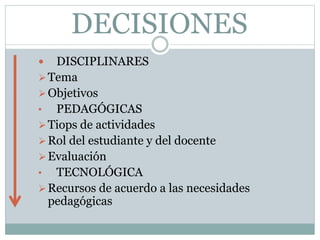 DECISIONES
DISCIPLINARES
Tema
Objetivos
• PEDAGÓGICAS
Tiops de actividades
Rol del estudiante y del docente
Evaluación
• TECNOLÓGICA
Recursos de acuerdo a las necesidades
pedagógicas