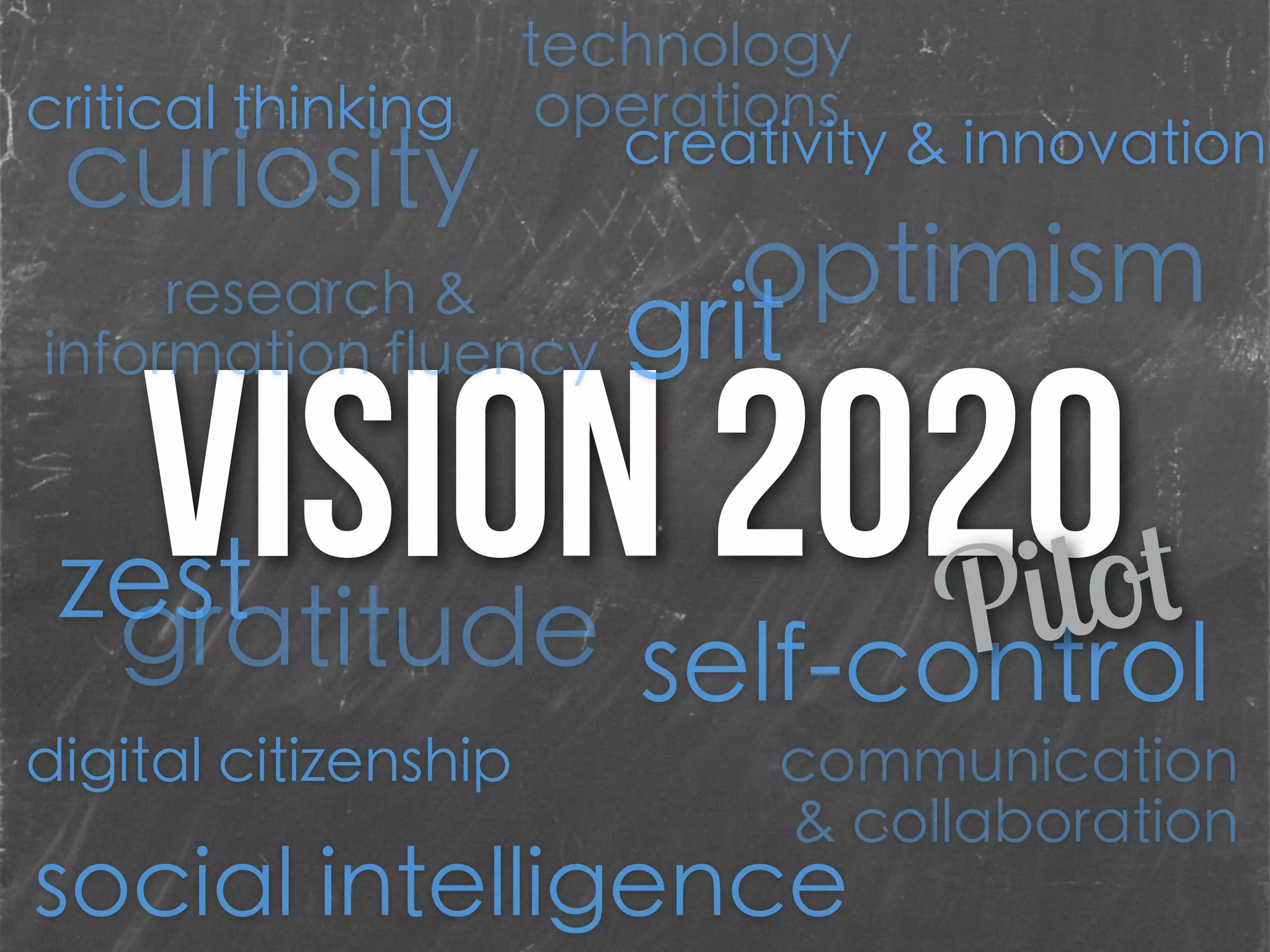 self-control
Vision 2020Pilot
communication
& collaboration
creativity & innovation
curiosity
zest
grit
social intelligence
gratitude
optimismresearch &
information fluency
critical thinking
digital citizenship
technology
operations
 