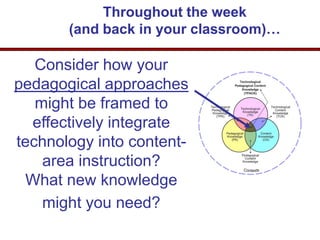 Consider how your
pedagogical approaches
might be framed to
effectively integrate
technology into content-
area instruction?
What new knowledge
might you need?
Throughout the week
(and back in your classroom)…
 