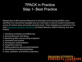 TPACK in Practice
Step 1- Best Practice
Researchers at Mid-continent Research for Education and Learning (McREL) have
identified nine instructional strategies that are most likely to improve student achievement
across all content areas and across all grade levels. These strategies are explained in the
book Classroom Instruction That Works by Robert Marzano, Debra Pickering, and Jane
Pollock.
1. Identifying similarities and differences
2. Summarizing and note taking
3. Reinforcing effort and providing recognition
4. Homework and practice
5. Nonlinguistic representations
6. Cooperative learning
7. Setting objectives and providing feedback
8. Generating and testing hypotheses
9. Cues, questions, and advance organizers
 