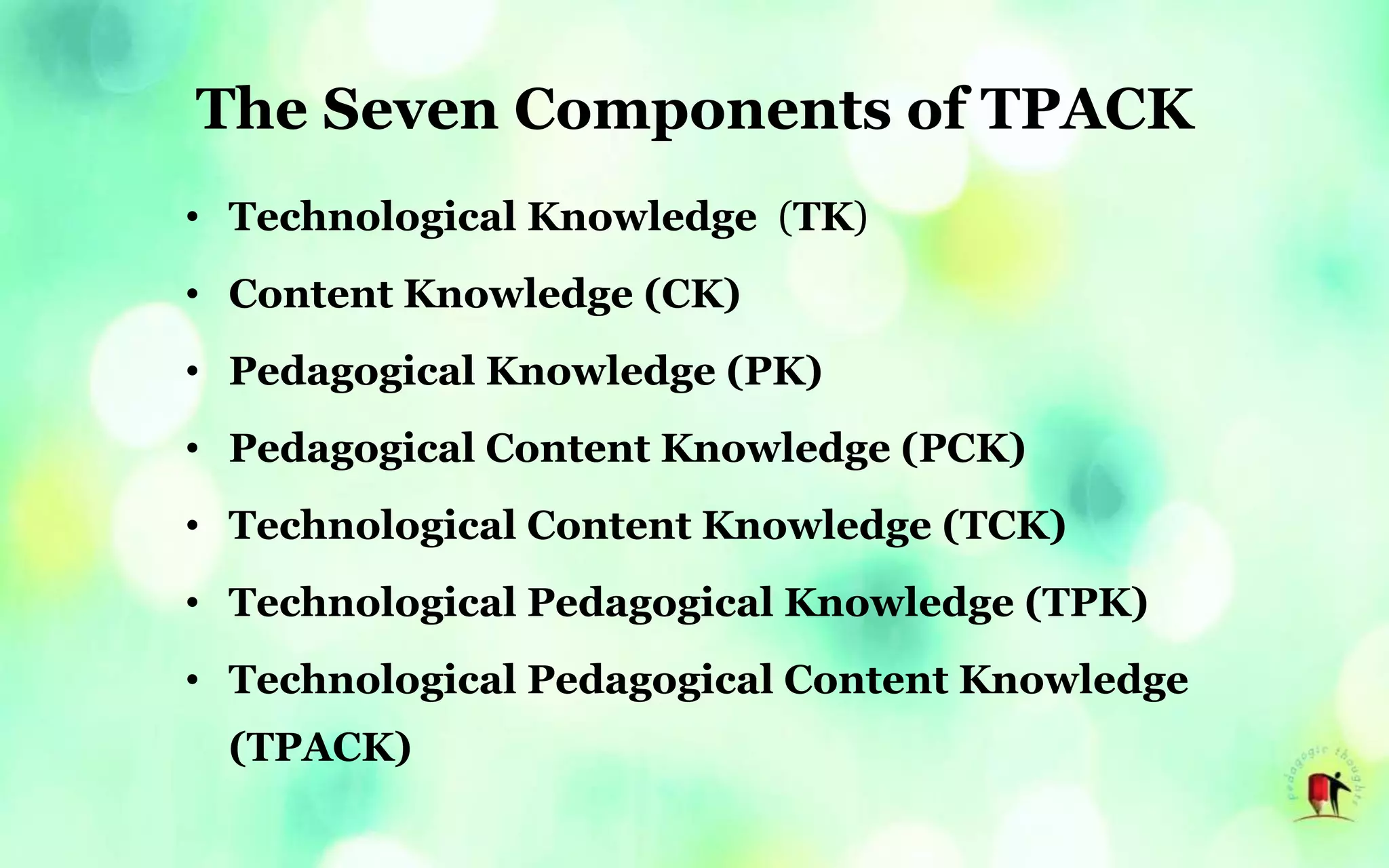 The Seven Components of TPACK
• Technological Knowledge (TK)
• Content Knowledge (CK)
• Pedagogical Knowledge (PK)
• Pedagogical Content Knowledge (PCK)
• Technological Content Knowledge (TCK)
• Technological Pedagogical Knowledge (TPK)
• Technological Pedagogical Content Knowledge
(TPACK)
 