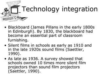 T echnology  integration Blackboard (James Pillans in the early 1800s in Edinburgh). By 1830, the blackboard had become an essential part of classroom furnishing.   Silent films in schools as early as 1910 and in the late 1920s sound films (Saettler, 1990).  As late as 1936. A survey showed that schools owned 10 times more silent film projectors than sound film projectors (Saettler, 1990). 