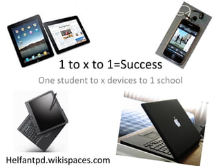 1 to x to 1=Success One student to x devices to 1 school Helfantpd.wikispaces.com 