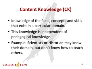 Content Knowledge (CK) Knowledge of the facts, concepts and skills that exist in a particular domain. This knowledge is independent of pedagogical knowledge. Example: Scientists or Historian may know their domain, but don’t know how to teach others. 
