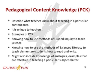 Pedagogical Content Knowledge (PCK) Describe what teacher know about teaching in a particular content area.  It is unique to teachers! Examples of PCK: Knowing how to use methods of Guided Inquiry to teach Science Knowing how to use the methods of Balanced Literacy to teach elementary students how to read and write. Might also include knowledge of analogies, examples that are effective in teaching a particular subject matter. 