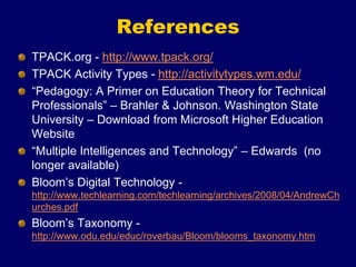 References
TPACK.org - http://www.tpack.org/
TPACK Activity Types - http://activitytypes.wm.edu/
“Pedagogy: A Primer on Education Theory for Technical
Professionals” – Brahler & Johnson. Washington State
University – Download from Microsoft Higher Education
Website
“Multiple Intelligences and Technology” – Edwards (no
longer available)
Bloom’s Digital Technology -
http://www.techlearning.com/techlearning/archives/2008/04/AndrewCh
urches.pdf
Bloom’s Taxonomy -
http://www.odu.edu/educ/roverbau/Bloom/blooms_taxonomy.htm
 