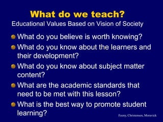 What do we teach?
Educational Values Based on Vision of Society
What do you believe is worth knowing?
What do you know about the learners and
their development?
What do you know about subject matter
content?
What are the academic standards that
need to be met with this lesson?
What is the best way to promote student
learning? Feeny, Christensen, Moravick
 