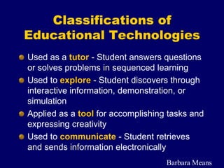 Used as a tutor - Student answers questions
or solves problems in sequenced learning
Used to explore - Student discovers t...