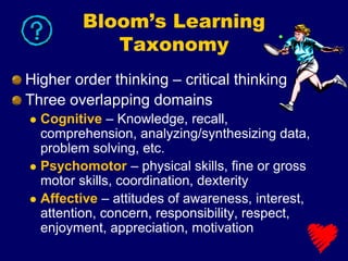 Bloom’s Learning
Taxonomy
Higher order thinking – critical thinking
Three overlapping domains
 Cognitive – Knowledge, rec...