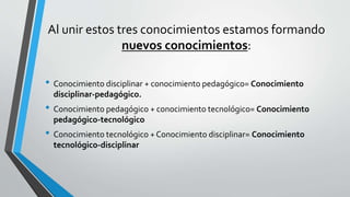 Al unir estos tres conocimientos estamos formando
nuevos conocimientos:
• Conocimiento disciplinar + conocimiento pedagógico= Conocimiento
disciplinar-pedagógico.
• Conocimiento pedagógico + conocimiento tecnológico= Conocimiento
pedagógico-tecnológico
• Conocimiento tecnológico + Conocimiento disciplinar= Conocimiento
tecnológico-disciplinar
 