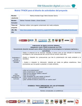 Matriz TPACK para el diseño de actividades del proyecto
Maestro
estudiante:
Maritza Andrade Angel, María Graciela García.
Maestro
formador:
Dielmer Fernando Giraldo y Sonia Caicedo.
Título del
proyecto:
Residuos sólidos como agente contaminante del medio ambiente.
URL DEL
PID:
https://docs.google.com/document/d/1q_yxgaGJVl47D7I43iiXJerMpaykOXb8WBxTEZxUk9w/edit
Instrumento de diseño curricular didáctico
(Adaptación matriz TPACK enriquecida con CTS)
Conocimiento docente necesario para utilizar eficazmente las tecnologías en el proceso enseñanza y
aprendizaje
Estándares a
los que
responde la
actividad
-Evalúo el potencial de los recursos naturales, la forma como se han utilizado en desarrollos
tecnológicos y las consecuencias de la acción del ser humano sobre ellos.
-Analizó e interpreto las consecuencias que trae la contaminación del medio ambiente a la
naturaleza.
- Analizo e interpreto la información obtenida por medio de gráficos estadísticos. Saco
conclusiones que me ayuden a preservar el medio ambiente.
POC
(Preguntas
orientadoras de
Currículo)
-¿Qué es la contaminación?
-¿Esta contaminación nos afecta?
-¿Qué son los residuos sólidos o basura?
-¿Qué es el reciclaje?
-¿Qué estrategias hay para separar la basura?
-¿Cómo tomar conciencia de reciclar?
-¿Qué cantidad de basura producimos en nuestra casa?
EVIDENCIA TPACK ENRIQUECIDO EN LAS ACTIVIDADES
(TPACK*ABP*CTS*1.1)
Núcleos conceptuales y/o problémicos
 