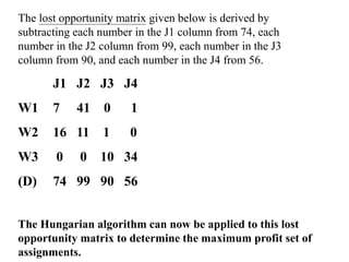 The lost opportunity matrix given below is derived by
subtracting each number in the J1 column from 74, each
number in the J2 column from 99, each number in the J3
column from 90, and each number in the J4 from 56.
J1 J2 J3 J4
W1 7 41 0 1
W2 16 11 1 0
W3 0 0 10 34
(D) 74 99 90 56
The Hungarian algorithm can now be applied to this lost
opportunity matrix to determine the maximum profit set of
assignments.
 