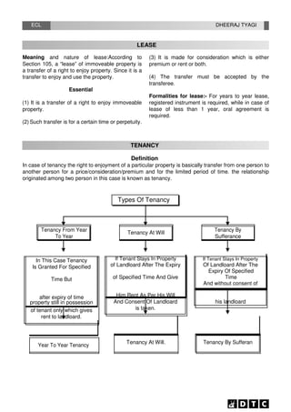 ECL DHEERAJ TYAGI
LEASE
Meaning and nature of lease:According to
Section 105, a “lease” of immoveable property is
a transfer of a right to enjoy property. Since it is a
transfer to enjoy and use the property.
Essential
(1) It is a transfer of a right to enjoy immoveable
property.
(2) Such transfer is for a certain time or perpetuity.
(3) It is made for consideration which is either
premium or rent or both.
(4) The transfer must be accepted by the
transferee.
Formalities for lease:- For years to year lease,
registered instrument is required, while in case of
lease of less than 1 year, oral agreement is
required.
TENANCY
Definition
In case of tenancy the right to enjoyment of a particular property is basically transfer from one person to
another person for a price/consideration/premium and for the limited period of time. the relationship
originated among two person in this case is known as tenancy.
Types Of Tenancy
Tenancy From Year
Tenancy At Will
Tenancy By
To Year Sufferance
In This Case Tenancy If Tenant Stays In Property If Tenant Stays In Property
of Landloard After The Expiry Of Landloard After The
Is Granted For Specified
of Specified Time And Give
Expiry Of Specified
Time
Time But
Him Rent As Per His Will
And without consent of
after expiry of time
And Consent Of Landloard his landloard
property still in possession
is taken.
of tenant only which gives
rent to landloard.
Tenancy At Will. Tenancy By Sufferan
Year To Year Tenancy
 