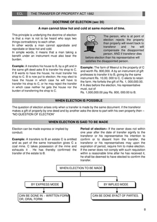 ECL THE TRANSFER OF PROPERTY ACT 1882
DOCTRINE OF ELECTION (sec 35)
A man cannot blow hot and cold at same moment of time.
This principle is underlying the doctrine of election
is that a man is not to be heard who says two
things contradictory to each other.
In other words a man cannot approbate and
reprobate or blow hot and cold.
In simple words, it means that a man taking a
benefit under an instrument must also bear the
burden.
Example: A transfers his house to B, by a gift and in
the same gift deed asks B to transfer his shop to C.
If B wants to have the house, he must transfer his
shop to C. B is now put to election. He may elect to
have the house in which case he will have to
transfer his shop to C, or he may reject the transfer
in which case neither he gets the house nor the
burden of transferring the shop to C.
The person, who is at point of
election rejects the property
than property will revert back to
transferor and he will
compensate the disappointed
person. AND if transferor dies
before election than his representative will
satisfies the disappointed person.
Example: The farm of Meerut is the property of C
and worth Rs. 800,000. A by an instrument of gift
professes to transfer it to B, giving by the same
instrument Rs. 10,00, 000 to C. C elects to retain
the farm. He forfeits the gift of Rs. 1, 000,000.00.
If A dies before the election, his representative
must, out of
Rs. 1,000,000.00 pay Rs. 800, 000.00 to B.
WHEN ELECTION IS POSSIBLE
The question of election arises only when a transfer is made by the same document. if the transferor
makes a gift of property by one deed and by another asks the done to part with his own property then –
“NO QUESTION OF ELECTION”
WHEN ELECTION IS SAID TO BE MADE
Election can be made express or implied by
conduct.
Example: A transfers to B an estate C is entitled
and as part of the same transaction gives C a
coal mine. C takes possession of the mine and
exhausts it . He has thereby confirmed the
transfer of the estate to B.
Period of election:- If the owner does not within
one year after the date of transfer signify to the
transferor or his representative his intention to
confirm or to dissent from the transfer, the
transferor or his representatives may upon the
expiration of period, require him to make election.
If the owner does not comply with such requisition
within a reasonable time after he has received it,
he shall be deemed to have elected to confirm the
transfer.
WHEN ELECTION TO BE MADE
BY EXPRESS MODE BY IMPLIED MODE
CAN BE DONE IN :- WRITTEN FORM CAN BE DONE BYACT OF PARTIES.
OR, ORAL FORM.
8
 