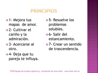  1- Mejora tus
mapas de amor.
 2- Cultivar el
cariño y la
admiración.
 3- Acercarse al
otro.
 4- Deja que tu
pareja te influya.
 5- Resuelve los
problemas
solubles.
 6- Salir del
estancamiento.
 7- Crear un sentido
de trascendencia.
ETEO Equipo de terapia cognitiva y evaluación de zona oeste www.eteo.com.ar
 