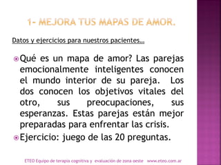 Datos y ejercicios para nuestros pacientes…
Qué es un mapa de amor? Las parejas
emocionalmente inteligentes conocen
el mundo interior de su pareja. Los
dos conocen los objetivos vitales del
otro, sus preocupaciones, sus
esperanzas. Estas parejas están mejor
preparadas para enfrentar las crisis.
Ejercicio: juego de las 20 preguntas.
ETEO Equipo de terapia cognitiva y evaluación de zona oeste www.eteo.com.ar
 