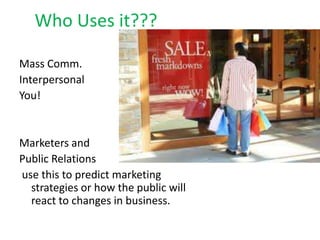 Who Uses it???Mass Comm. Interpersonal You!Marketers and Public Relations  use this to predict marketing strategies or how the public will react to changes in business. 