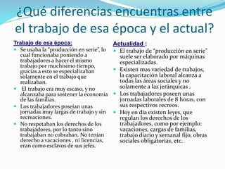 ¿Qué diferencias encuentras entre
el trabajo de esa época y el actual?
Trabajo de esa época:
 Se usaba la “producción en serie”, lo
cual funcionaba poniendo a
trabajadores a hacer el mismo
trabajo por muchísimo tiempo,
gracias a esto se especializaban
solamente en el trabajo que
realizaban.
 El trabajo era muy escaso, y no
alcanzaba para sostener la economía
de las familias.
 Los trabajadores poseían unas
jornadas muy largas de trabajo y sin
recreaciones.
 No respetaban los derechos de los
trabajadores, por lo tanto sino
trabajaban no cobraban. No tenían
derecho a vacaciones , ni licencias,
eran como esclavos de sus jefes.
Actualidad :
 El trabajo de “producción en serie”
suele ser elaborado por máquinas
especializadas.
 Existen mas variedad de trabajos,
la capacitación laboral alcanza a
todas las áreas sociales y no
solamente a las jerárquicas .
 Los trabajadores poseen unas
jornadas laborales de 8 horas, con
sus respectivos recreos.
 Hoy en día existen leyes, que
regulan los derechos de los
trabajadores, como por ejemplo:
vacaciones, cargas de familias,
trabajo diario y semanal fijo, obras
sociales obligatorias, etc.
 